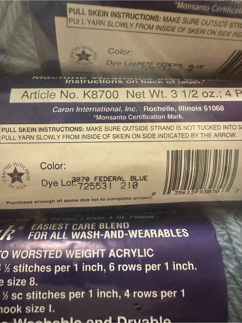 Vintage Caron Wintuk Yarn - Federal Blue, 3 Skeins Same Dye Lot